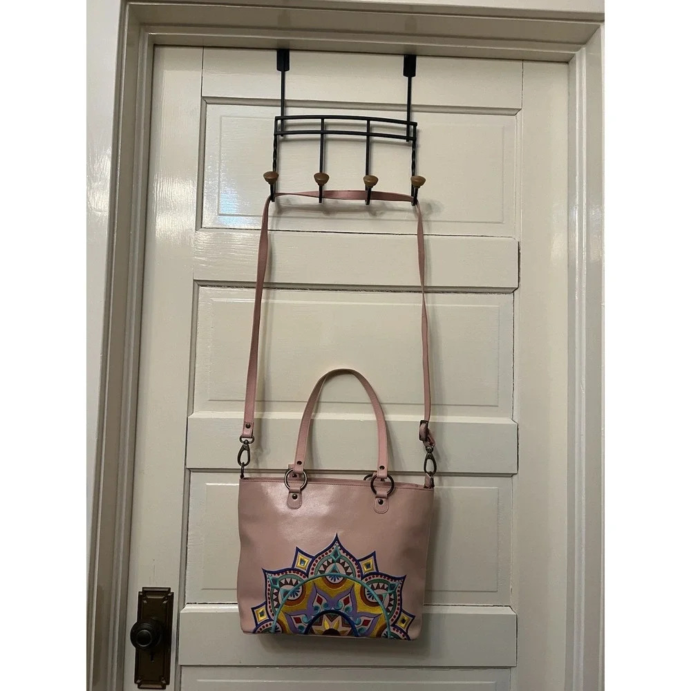 NEW Anuschka Embroidered Handpainted Leather Pink Tote Purse Crossbody Mandella